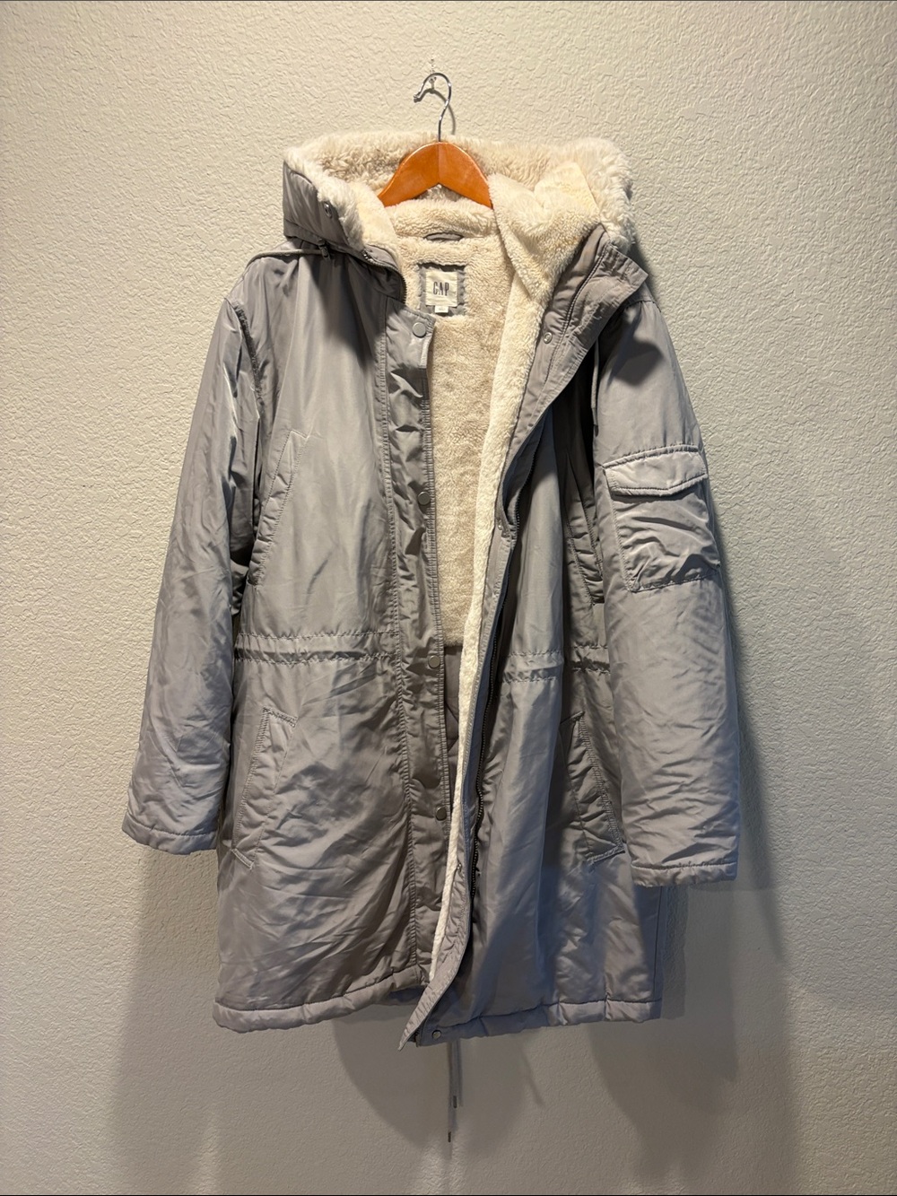 GAP Light Gray Hooded Puffer Coat with Sherpa Lining